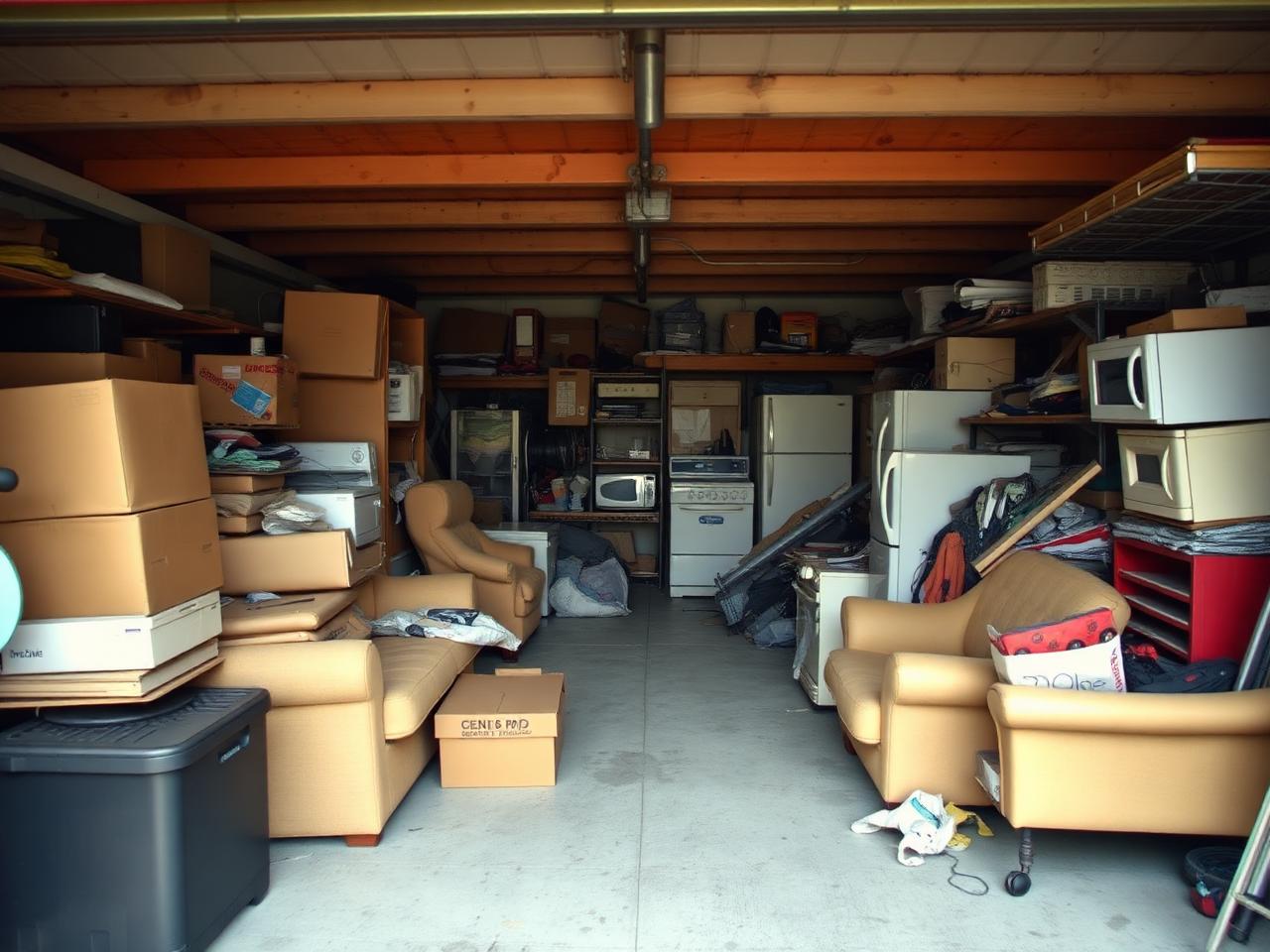 A garage packed with stored furniture and boxes before a full cleanout